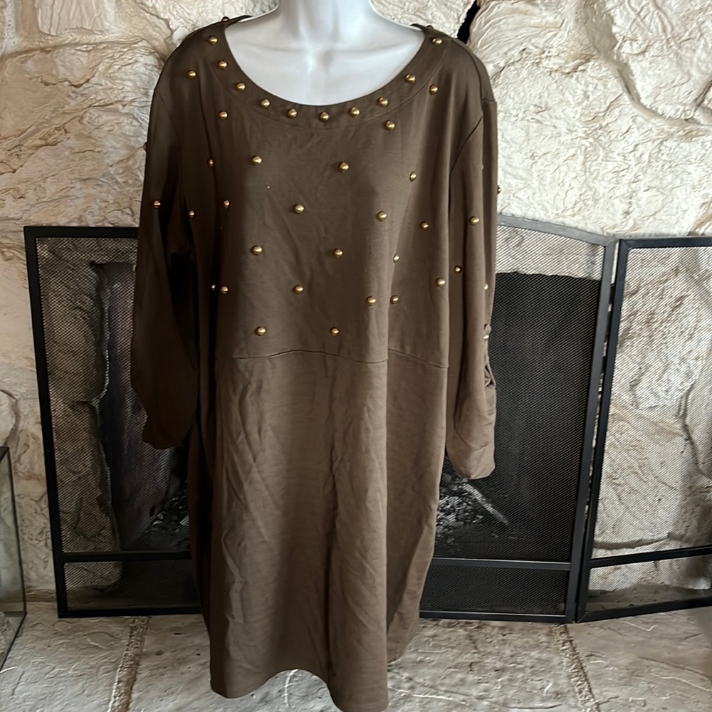 American Glamour by Badgley Mischka Olive Dress with Gold Accents